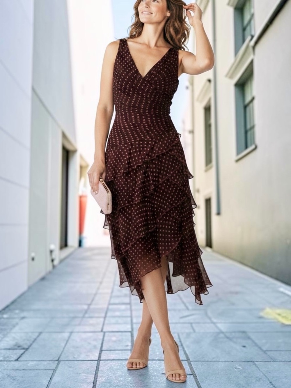 Tadashi Shoji Black With Red Polka Dots Vintage Ruffled Dress